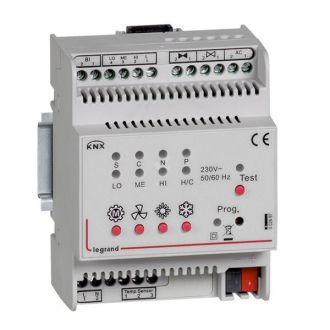 KNX. Контроллер управления фанкоилами ON-OFF (3 скорости вентилятора, 2 клапана ON-OFF, доп.бинарный вход). DIN 4 модуля