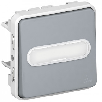 Кнопочный выключатель с подсветкой (Н.О.+Н.З. контакты) с держателем этикетки - Программа Plexo - серый - 10 A (комплект 5 шт.)
