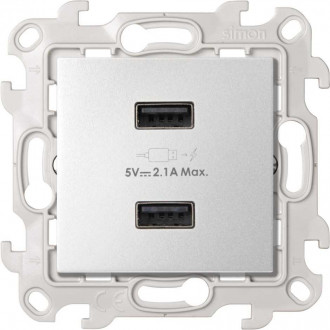 Зарядное устройство 2хUSB 5В 2.4A 230В~, цвет алюминий, Simon 24 Harmonie