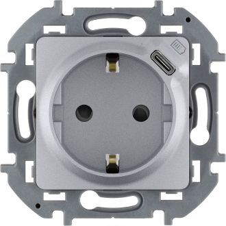 Комбинированная розетка 2К+З с зарядным устройством USB тип С алюминий, Inspiria
