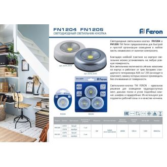Светодиодный светильник-кнопка Feron FN1204 (1шт в блистере), 2W, белый, 23373