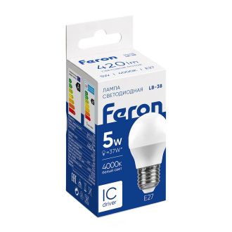 Лампа светодиодная Feron LB-38 Шарик E27 5W 175-265V 4000K, 25405