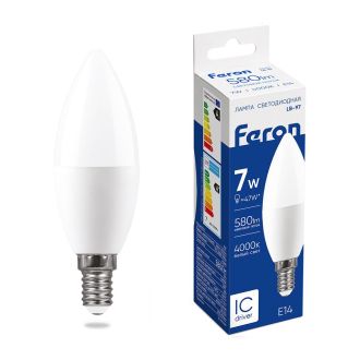 Лампа светодиодная Feron LB-97 Свеча E14 7W 175-265V 4000K, 25476