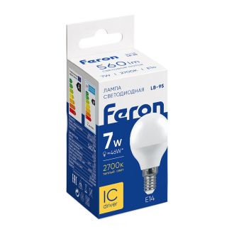 Лампа светодиодная Feron LB-95 Шарик E14 7W 175-265V 2700K, 25478