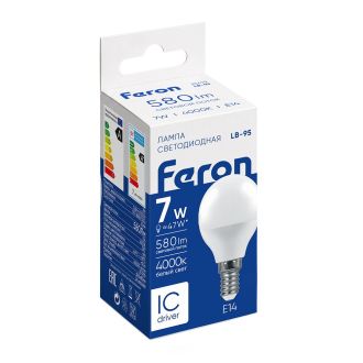 Лампа светодиодная Feron LB-95 Шарик E14 7W 175-265V 4000K, 25479