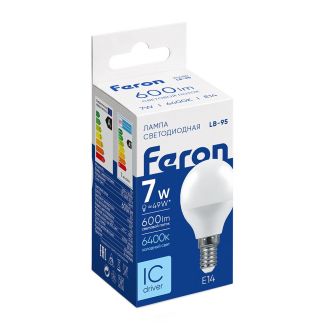 Лампа светодиодная Feron LB-95 Шарик E14 7W 175-265V 6400K, 25480