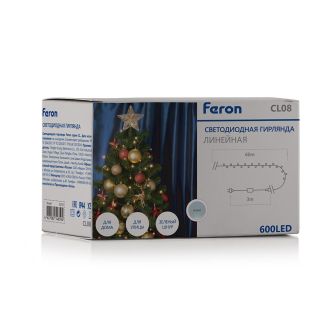 Светодиодная гирлянда Feron CL08 линейная 60м + 3м 230V 5000К, c питанием от сети, зеленый шнур, 26735
