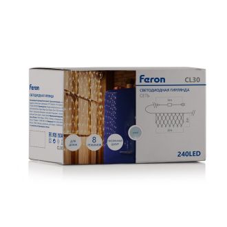 Светодиодная гирлянда Feron CL30 сеть 2х2м + 3м 230V белый c питанием от сети, прозрачный шнур, 26748
