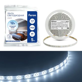 Светодиодная LED лента Feron LS603, 60SMD(2835)/m 4.8W/m 12V 5m 6500К, 27603