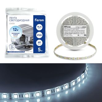 Светодиодная LED лента Feron LS606, 60SMD(5050)/m 14.4W/m 12V 5m 6500К, 27644