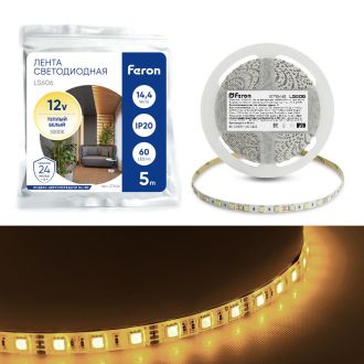 Светодиодная LED лента Feron LS606, 60SMD(5050)/m 14.4W/m 12V 5m 3000К, 27646