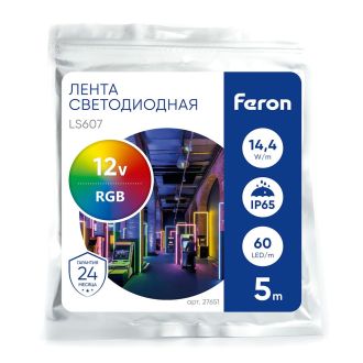 Светодиодная LED лента Feron LS607, 60SMD(5050)/m 14.4W/m 12V IP65 5m RGB, 27651