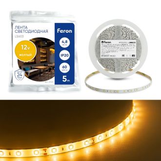 Светодиодная LED лента Feron LS603, 60SMD(2835)/m 4.8W/m 12V 5m желтый, 27670