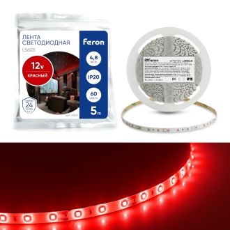 Светодиодная LED лента Feron LS603, 60SMD(2835)/m 4.8W/m 12V 5m красный, 27672