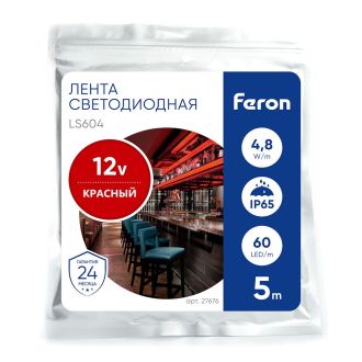 Светодиодная LED лента Feron LS604, 60SMD(2835)/m 4.8W/m 12V IP65 5m красный, 27676