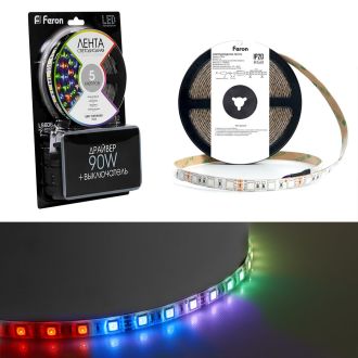 Светодиодная LED лента Feron LS606, 60SMD(5050)/m 14.4W/m 12V 5m RGB c адаптером с вилкой, контроллером с пультом в комплекте, 27706