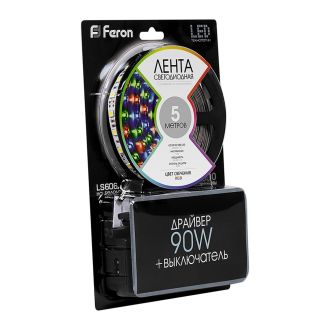 Светодиодная LED лента Feron LS606, 60SMD(5050)/m 14.4W/m 12V 5m RGB c адаптером с вилкой, контроллером с пультом в комплекте, 27706