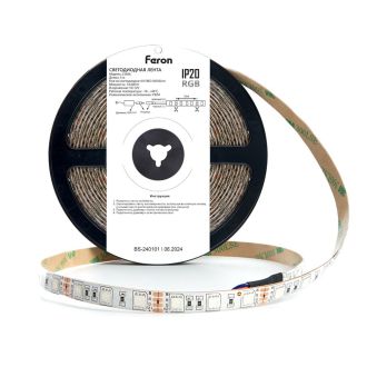 Светодиодная LED лента Feron LS606, 60SMD(5050)/m 14.4W/m 12V 5m RGB c адаптером с вилкой, контроллером с пультом в комплекте, 27706