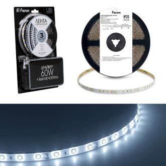 Светодиодная LED лента Feron LS606, 60SMD(5050)/m 14.4W/m 12V 3m 6500К с адаптером с вилкой в комплекте, 27720