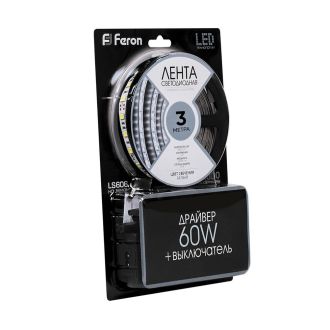 Светодиодная LED лента Feron LS606, 60SMD(5050)/m 14.4W/m 12V 3m 6500К с адаптером с вилкой в комплекте, 27720