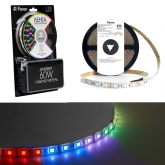 Светодиодная LED лента Feron LS606, 60SMD(5050)/m 14.4W/m 12V 3m RGB с адаптером с вилкой, контроллером с пультом в комплекте, 27722
