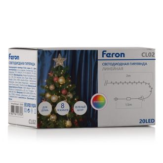 Светодиодная гирлянда Feron CL02 линейная 2м +1.5м 230V мультиколор, c питанием от сети, с контроллером, зеленый шнур, 32282