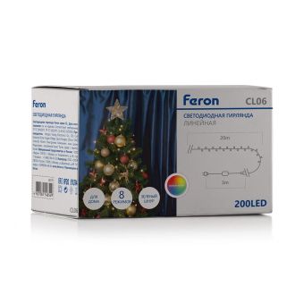 Светодиодная гирлянда Feron CL06 линейная 20м + 3м 230V мультиколор, c питанием от сети, контроллером, зеленый шнур, 32310