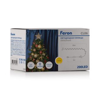 Светодиодная гирлянда Feron CL06 линейная 230V желтый c питанием от сети, контроллером, зеленый шнур, 32314