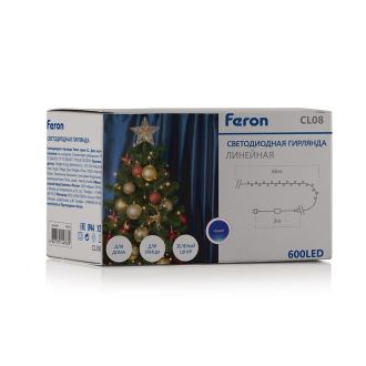 Светодиодная гирлянда Feron CL08 линейная 60м + 3м 230V синий, статичная, c питанием от сети, зеленый шнур, 32319