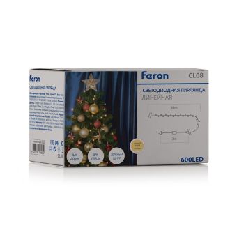 Светодиодная гирлянда Feron CL08 линейная 60м + 3м 230V 2700К, c питанием от сети, эффектом стробов, зеленый шнур, 32320