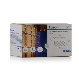 Светодиодная гирлянда Feron CL70 сеть 1,5х1,5м + 1.5м 230V 5000К, c питанием от сети, прозрачный шнур, 32356