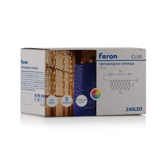 Светодиодная гирлянда Feron CL30 сеть 2х2м + 3м 230V мультиколор, c питанием от сети, прозрачный шнур, 32359