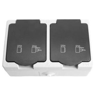 Розетка 2-местная с крышкой с/з STEKKER PST16-12-54, пластик АВS, 250В, 16А, IP54, серый/графит, 32754