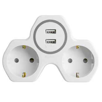 Разветвитель сетевой 2-местный с/з STEKKER ADP16-14-20, 250V, 16A и 2-мя USB выходами на 2,4А, огнеустойчивый пластик, белый/серый, 32872
