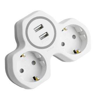 Разветвитель сетевой 2-местный с/з STEKKER ADP16-14-20, 250V, 16A и 2-мя USB выходами на 2,4А, огнеустойчивый пластик, белый/серый, 32872