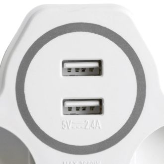 Разветвитель сетевой 2-местный с/з STEKKER ADP16-14-20, 250V, 16A и 2-мя USB выходами на 2,4А, огнеустойчивый пластик, белый/серый, 32872