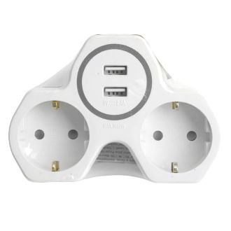 Разветвитель сетевой 2-местный с/з STEKKER ADP16-14-20, 250V, 16A и 2-мя USB выходами на 2,4А, огнеустойчивый пластик, белый/серый, 32872