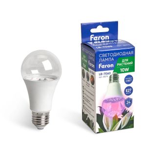 Лампа светодиодная для растений А60 Feron LB-7060 E27 10W 175-265V красно-синий спектр, 38275