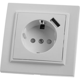 Розетка 1-местная с/з STEKKER, PST16-9011-01, 250В, 16А с защитной шторкой и с USB, серия Эрна, белый, 39051