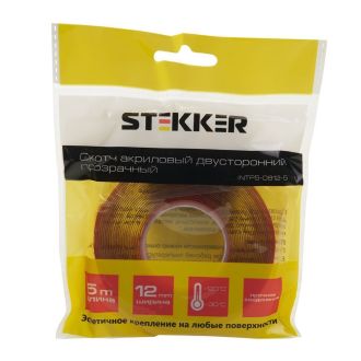 Скотч акриловый двусторонний STEKKER INTP5-0812-5 0,8*12 мм, длина 5м, прозрачный, красная подложка, 39145