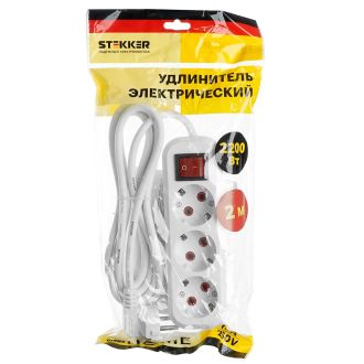 Удлинитель трехместный с/з с выключателем STEKKER HM03-31-02 3x0,75, 2м, серия Home (У10А-002), белый, 39197