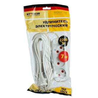 Удлинитель 3-местный б/з Stekker, HM01-30-07, 7м, 2x0,75, серия Home (У10-430), белый, 39212