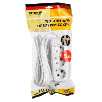 Удлинитель 3-местный с/з Stekker, HM01-31-05, 5м, 3x0,75, серия Home (У10-002), белый, 39215