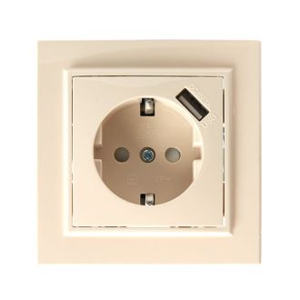 Розетка 1-местная с/з, STEKKER, PST16-9011-02 250В, 16А с защитной шторкой и с USB, серия Эрна, слоновая кость, 39237