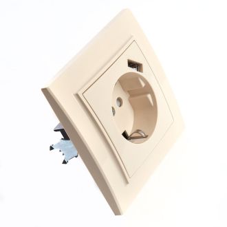 Розетка 1-местная с/з, STEKKER, PST16-9011-02 250В, 16А с защитной шторкой и с USB, серия Эрна, слоновая кость, 39237