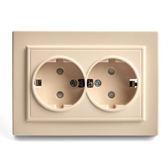Розетка 2-местная с/з, STEKKER, PST16-9014-02, 250В, 16А с защитной шторкой, серия Эрна, слоновая кость, 39240