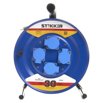 Удлинитель на металлической катушке с/з 4-местный Stekker, PRF02-41-30, 30м, 3*2,5, серия Professional, синий, 39296