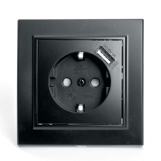 Розетка 1-местная c/з и с USB STEKKER, PST16-9011-03, 250В, 16А, с защитной шторкой, серия Эрна, черный, 39480