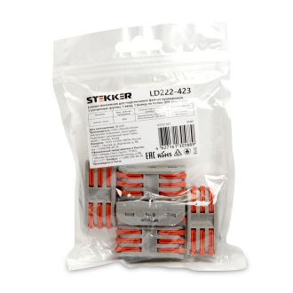 Клемма монтажная д/ подкл. фазн. проводников STEKKER, LD222-423, 3 контактные группы, 1ввод, 1вывод на полюс (DIY упак 5 шт), 39487