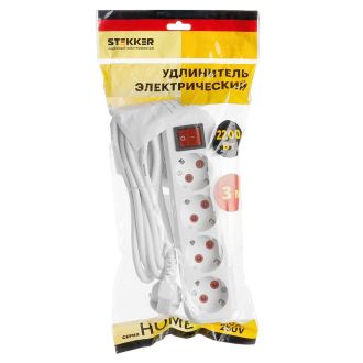 Удлинитель четырехместный с/з с выключателем STEKKER HM03-41-03 3x0,75, 3м, серия Home (У10А-003), белый, 39524